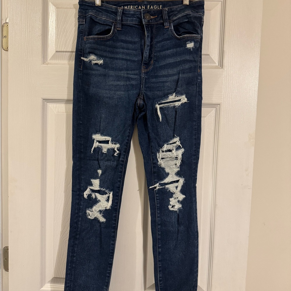American Eagle Outfitters Women's Dark Blue Distressed Skinny Jeans